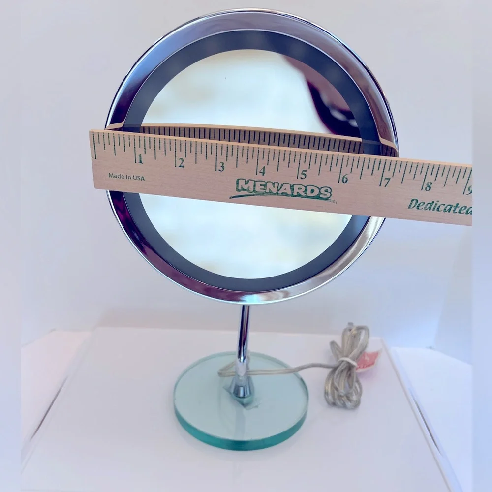 Silver Lighted Magnifying Stand Makeup Mirror on a Clear Lucite Base by HoMedics